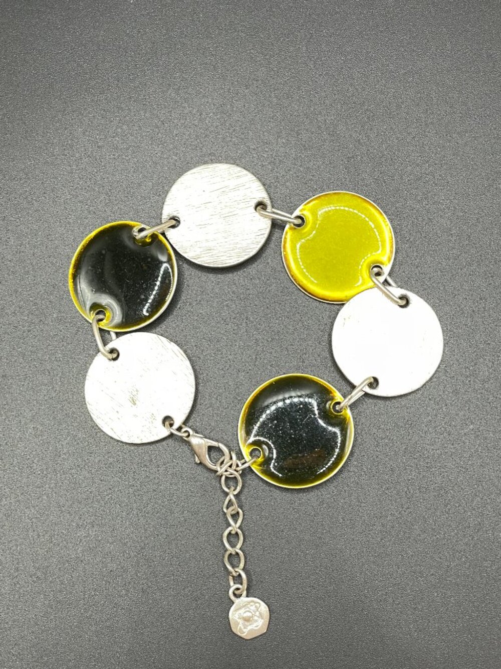 Ikita Signed Silver Tone and Enamel Disc Bracelet
